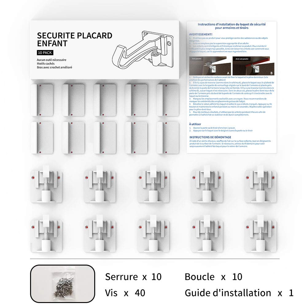 Verrous Sécurité Enfant - Verrous de Protection pour Tiroirs et Placards de Cuisine - Sans Vis ni Trou - Kit de Verrous de Sécurité Non Aimantés pour Bébés - Sécurité Enfant - Pack de 10