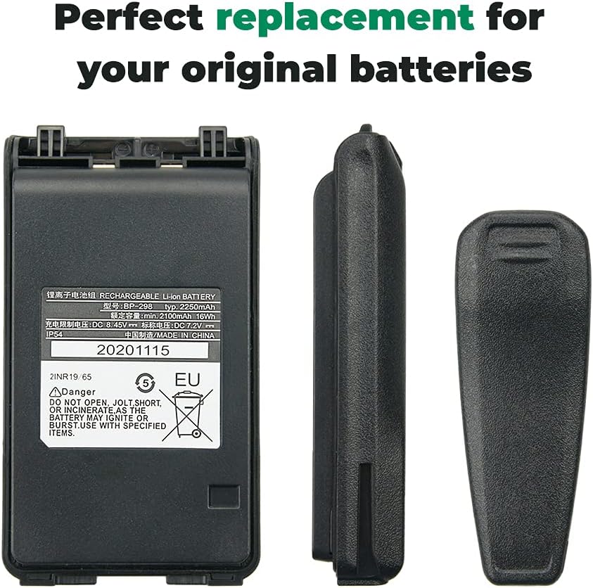 2 Pack BP-298 Replacement Li-ion Battery with Belt Clip for ICOM Radios IC-V86 IC-V80 IC-T70A IC-T70E IC-F30