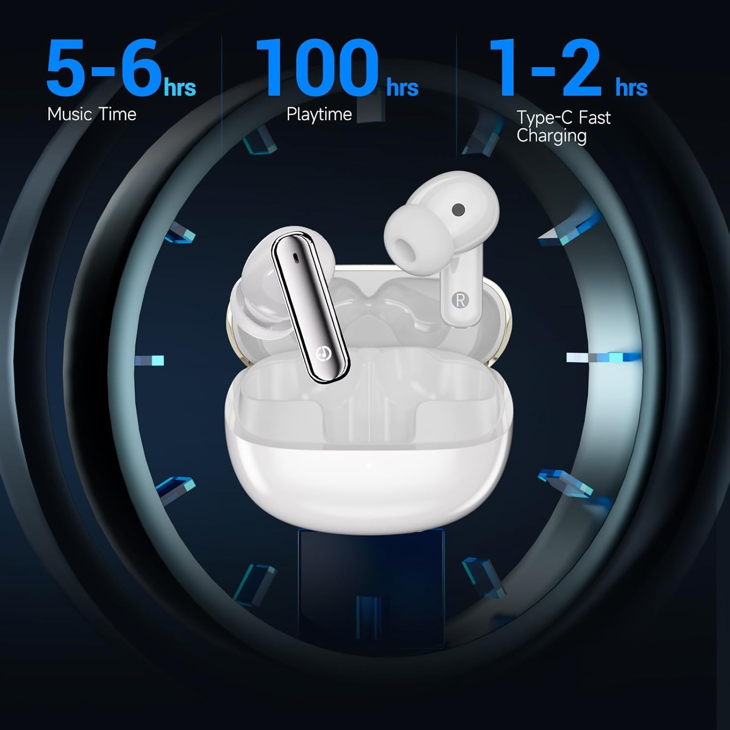 Diagram showing EDYELL A1 earbuds in charging case with indicators for music time (5-6 hrs), playtime (100 hrs total with case), and Type-C fast charging (1-2 hrs).