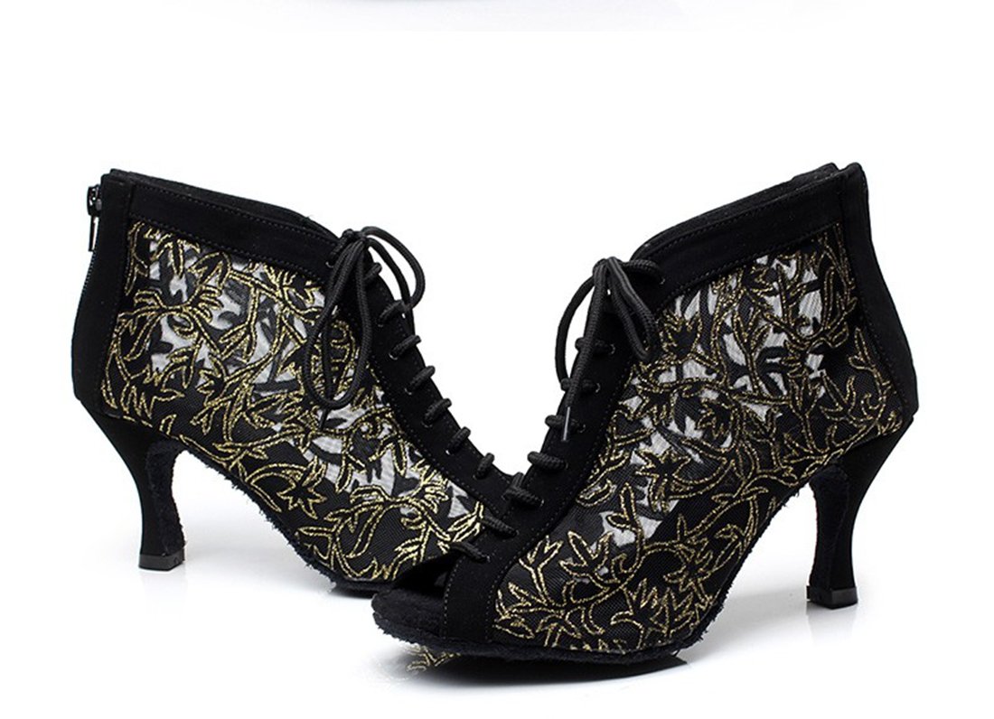 TDA LD196 Womens Black Zipper Net Salsa Tango Ballroom Latin Wedding Party Dance Shoes 8.5 M US