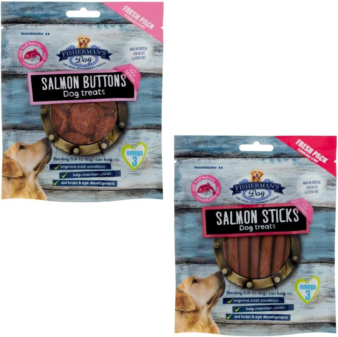 Fisherman's Dog Treats 100g x 2 Pack | Natural Fish Dog Treats | High Protein Low Fat Gluten Free | Healthy Reward Treats for Dogs of All Breeds (Salmon Buttons+Salmon Sticks)