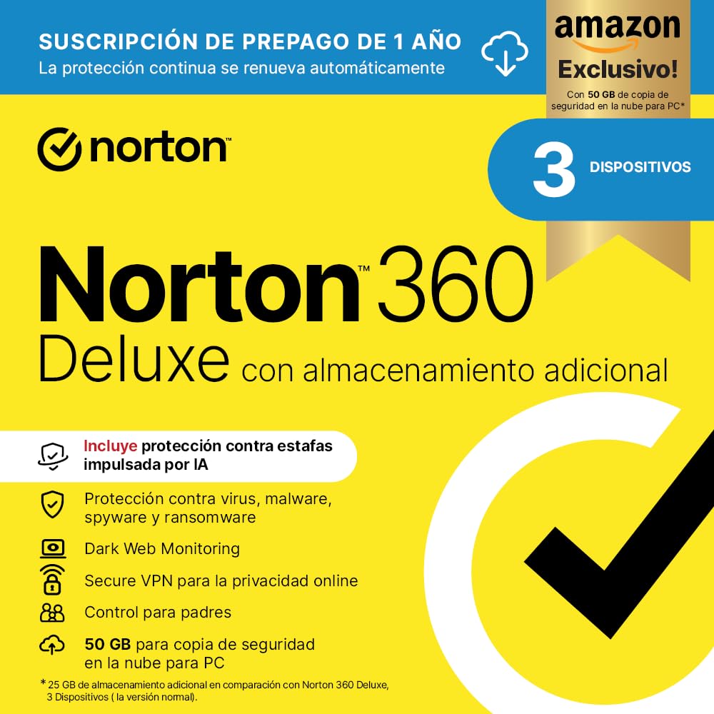 Norton 360 Deluxe Exclusivo Amazon*|Antivirus 3 Dispositivos|1 año con renovación automática| Descarga digital en oferta en Amazon