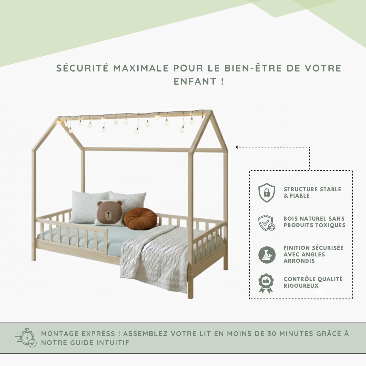 Lit Cabane Enfant 90x190 en Bois Massif - Maison Montessori avec Barreaux de Sécurité - Sommier à Lattes Renforcées Inclus - Lit Junior Unisexe - Matelas Non Inclus