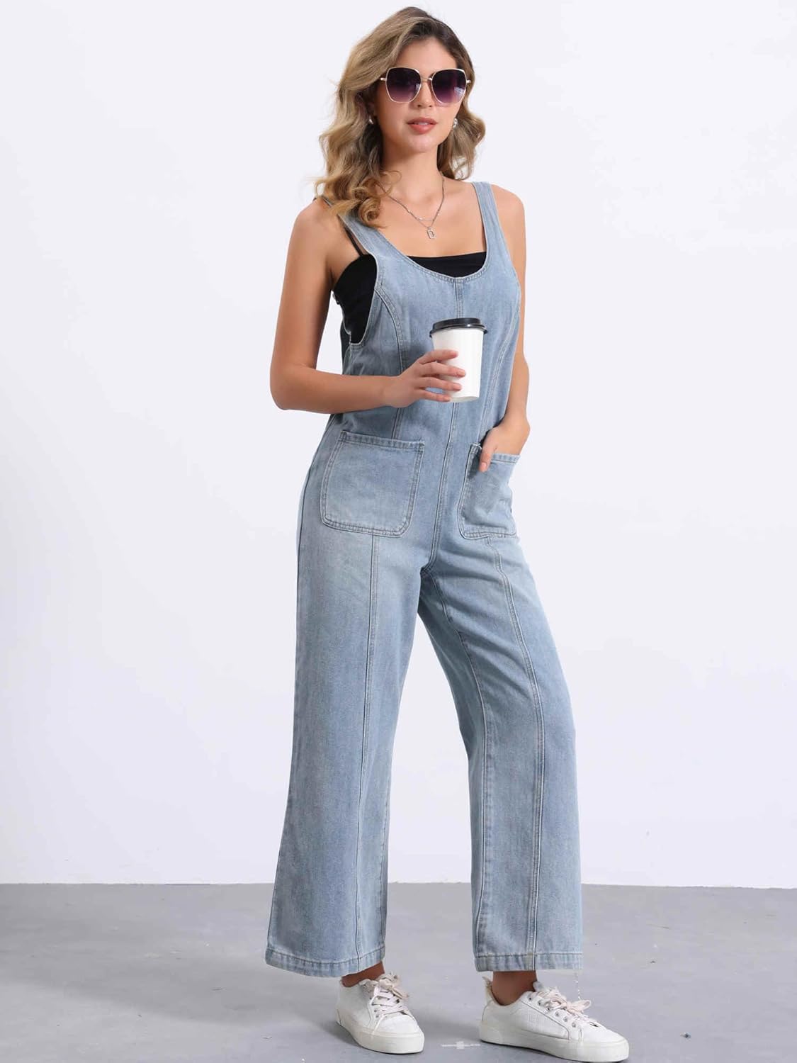 Allegra K Denim Bib Overalls for Women Casual Baggy Wide Leg Pants Jumpsuits with Pockets