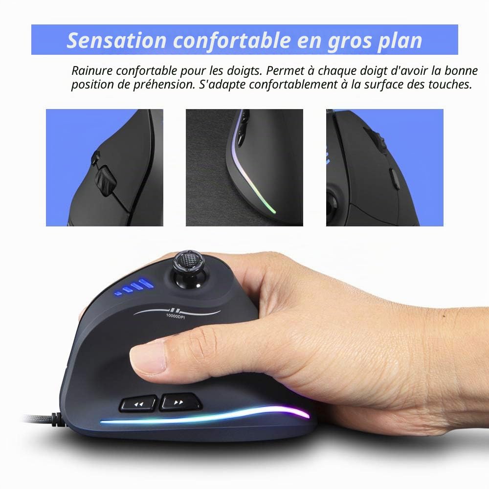 Souris Ergonomique Filaire Verticale Gamer - 10000 DPI Capteur PAW3325, Souris avec Fil Joystick 5 Directions, Mouse 11 Touches Programmables, Anti-Tunnel Carpien pour Jeu FPS/MOBA/MMO/PC/Bureau