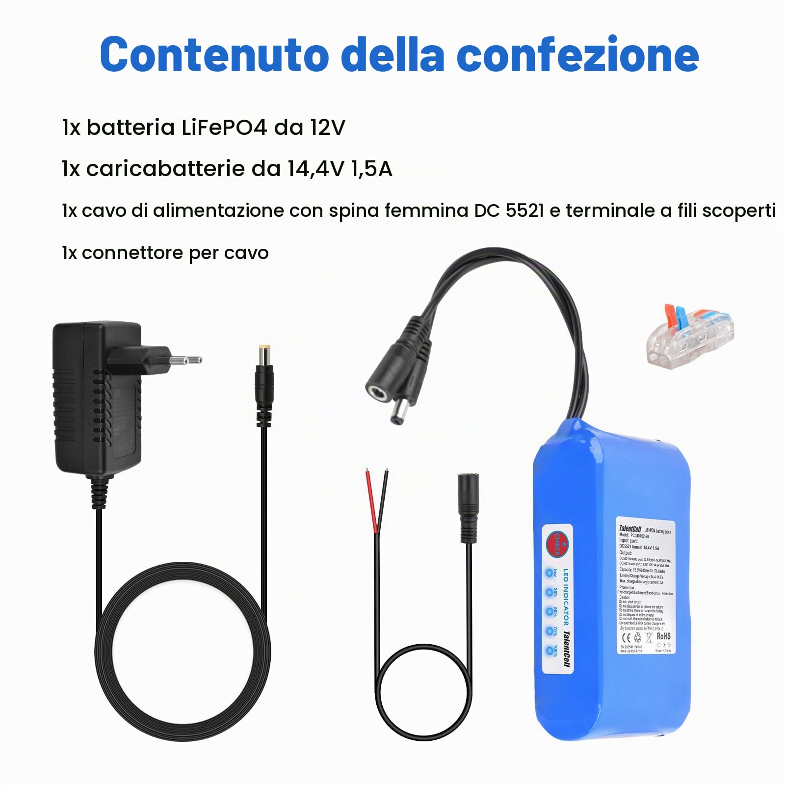 Talentcell Batteria LiFePO4 da 12 V, 3000 cicli, ricaricabile, 12,8 V, 6 Ah, 76,8 Wh, con uscita DC 12 V, per strisce LED, fotocamera CCTV, router, fai da te e molto altro ancora