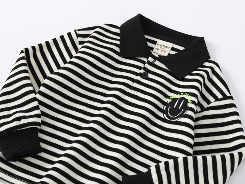 Meufam Toddler Baby Boys Long Sleeve Pique Polo Sweater Warm V Neck Button Pullover Striped Lapel Knit Sweatshirt4