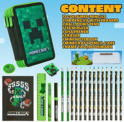 Minecraft Pencil Case, Large Pencil Case 3 Compartment Filled with School Supplies, Gifts (Green Creeper)