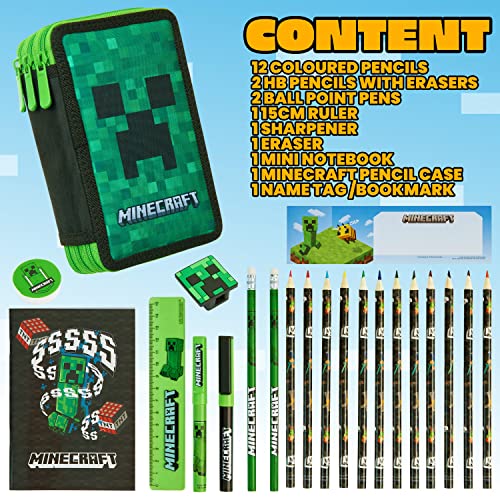 Minecraft Estuche Escolar con Material Incluido, Estuche Compartimentos Niño Niña Gamer Regalos Originales para Niños Colegio Estuches Escolares con Cremalleras Niño (Verde Creeper)