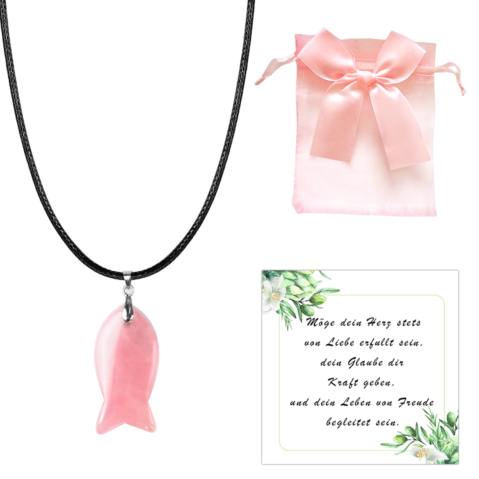 Znnhnn Kommunionsgeschenk, Rosenquarz Edelstein Fisch 3-4 cm mit Kommunion Karte und Geschenktüte, Konfirmation Taufe Kommunion Geschenke