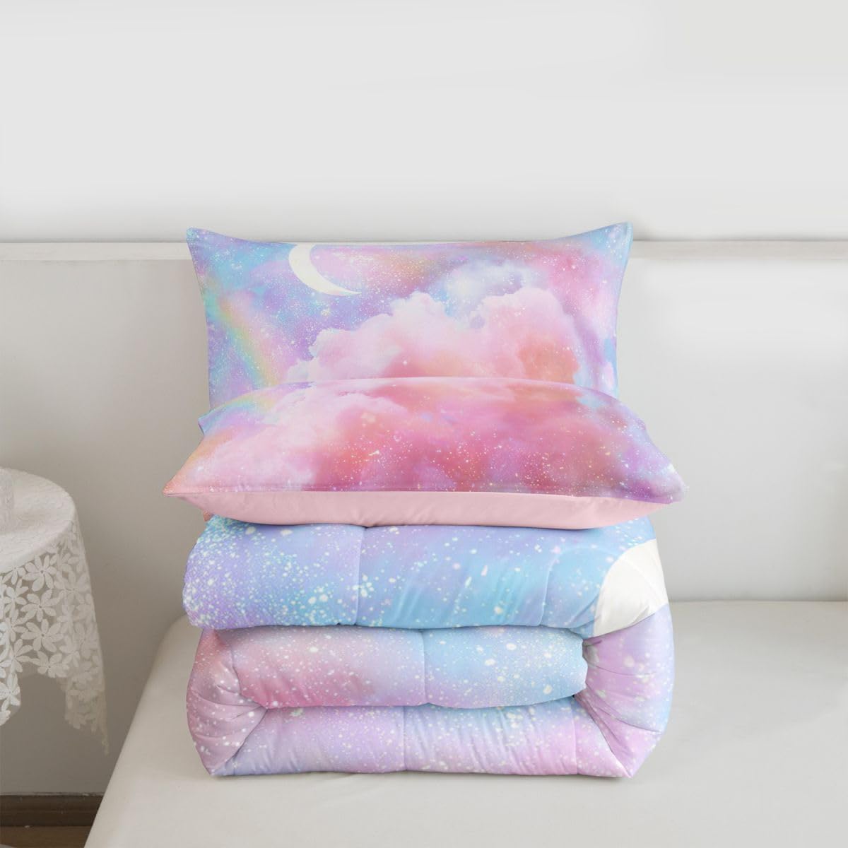Feelyou Starry Sky Bedding Set Twin Size Galaxy Comforter Set for Kids Boys Girls Decor Outer Space Comforter 3D Printed Space Pink Purple Duvet Set Bedroom Quilt Set with 1 Pillow Case