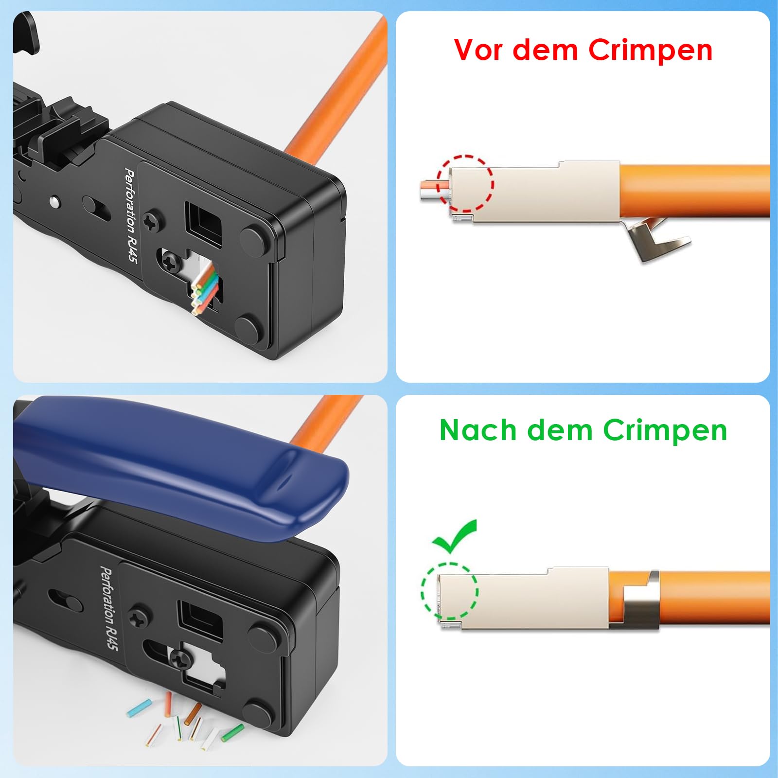 Netzwerk Werkzeug Set, Pass Through RJ45 Crimpzange, Multifunktions LAN Werkzeug Set mit Cat7 Cat6 Cat5 Kompatibilität, RJ45 Stecker, LSA Auflegewerkzeug & Netzwerktester für RJ45 RJ11 RJ12 Kabel