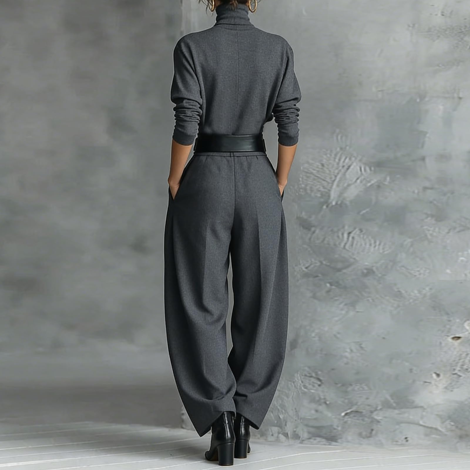 Generico Tailleur Elegante Donna Tinte Unite - Tuta Donna Completa Casual, Tute Elasticizzati Due Pezzi Classic, Top Manica Lunga Collo Alto E Pantaloni - Adatto Per La Primavera E L'autunno
