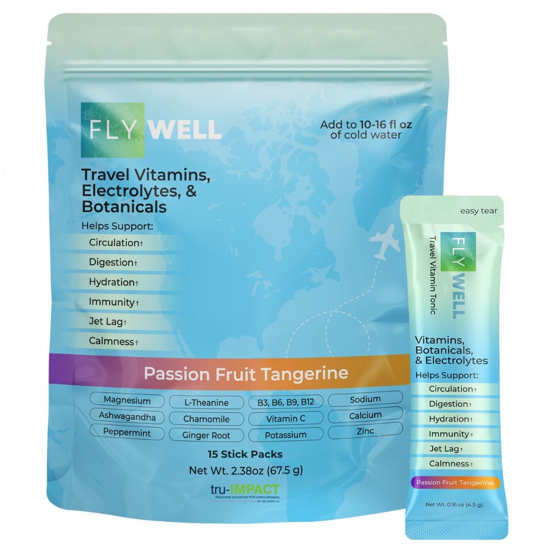Travel Vitamin Tonic for Flight, Jet Lag, Hydration, Circulation, Digestion & Immune Support, Promotes Calmness, Electrolyte Powder, Travel Essentials, Passion Fruit Tangerine, 15 Sticks