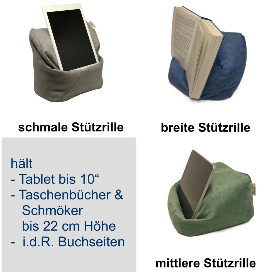 soft Buchkissen Lesekissen – frei formbarer Buchhalter für Bett - Handgefertigt aus Antirutsch Wildlederimitat & Mikroperlen – weich waschbar drehbar – anthrazit schwarz