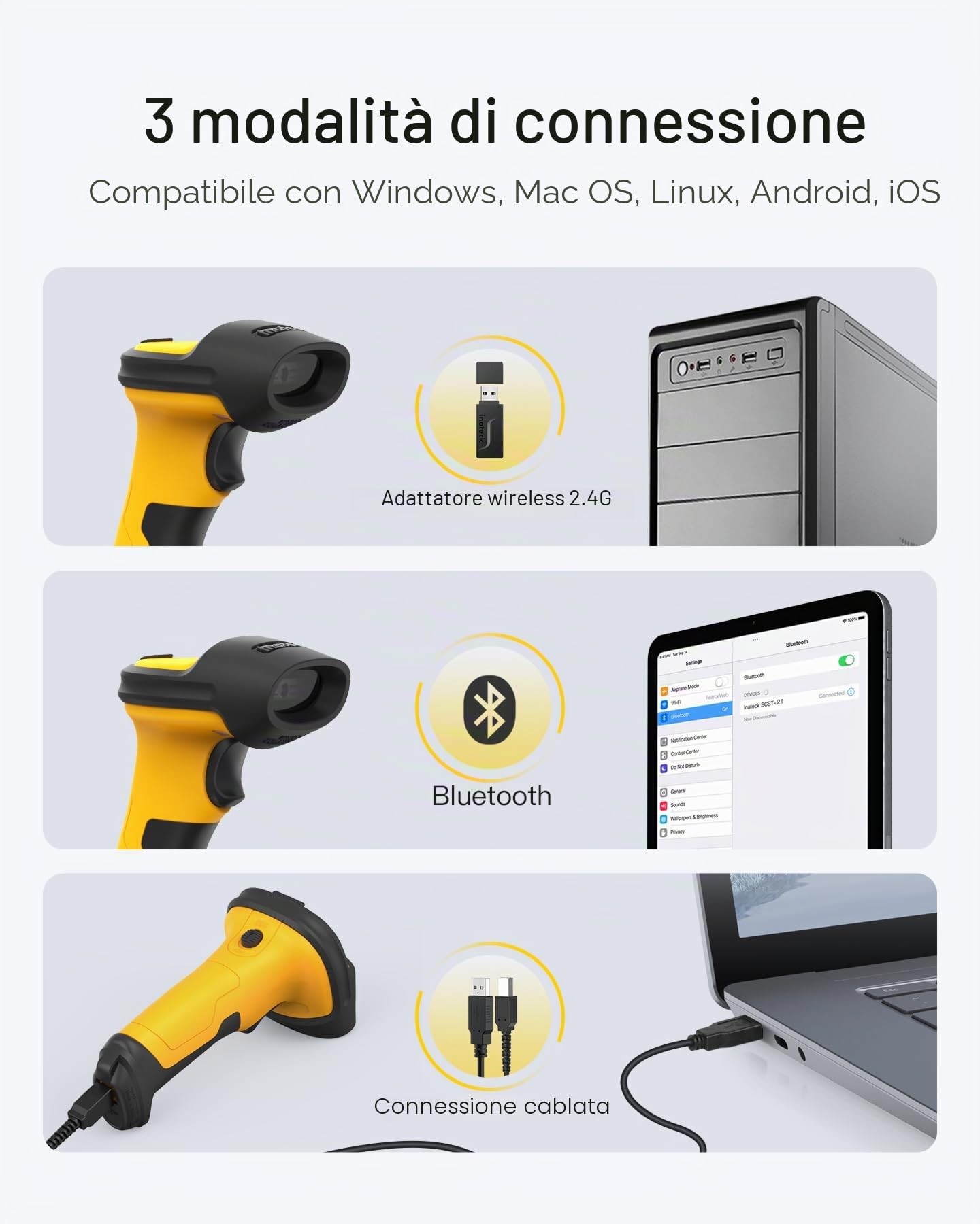 Inateck Lettore Codici a Barre Wireless AI, 2.4GHz Barcode Scanner | Portata 60m Batteria 2600mAh Durata Batteria Uso ininterrotto 1 Mese | Lettura Automatica Veloce e Precisa, P6-AI
