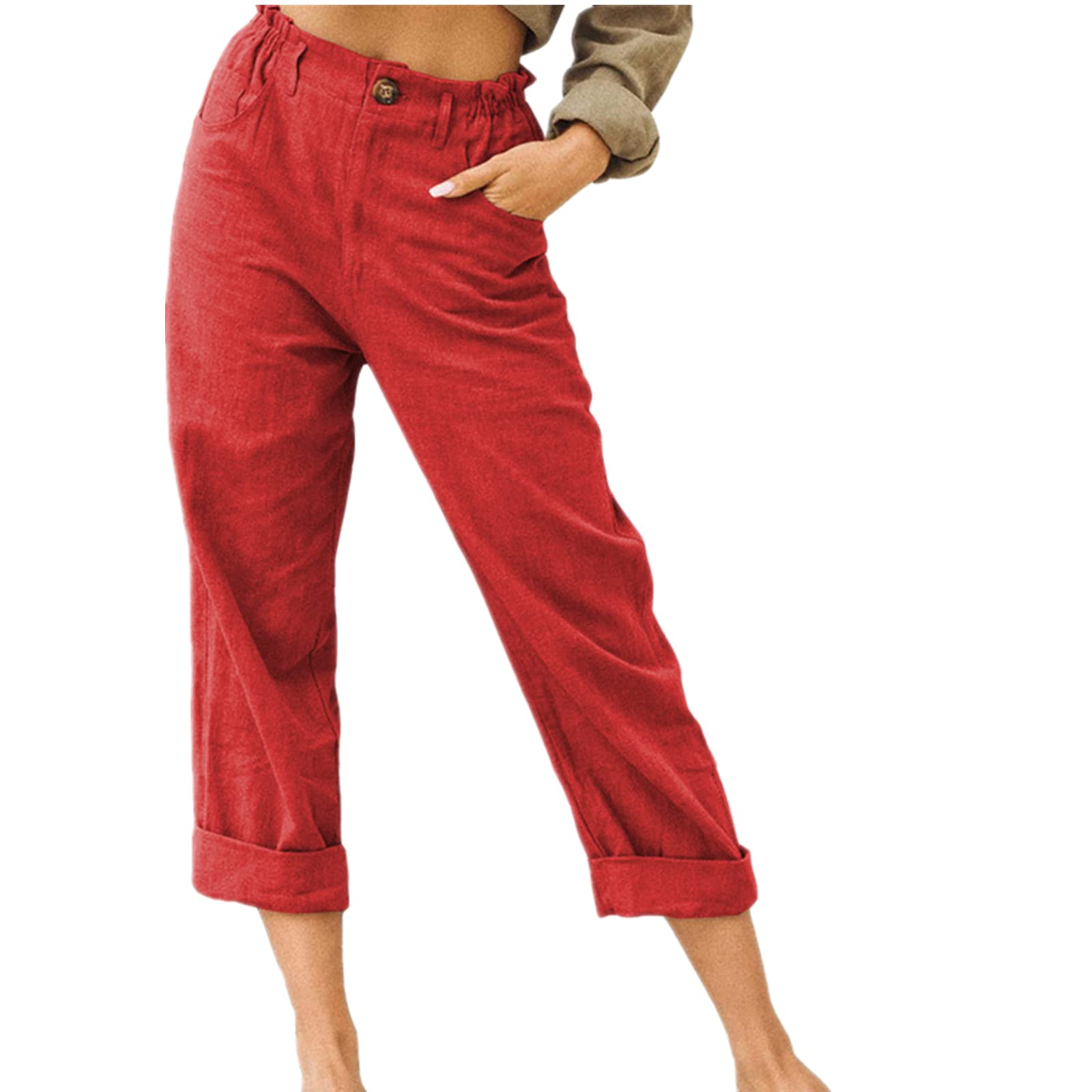 ANBID Ordinary Straight Pants Work Pants Womens Elastic Business Office Casual Pants with Pockets red L