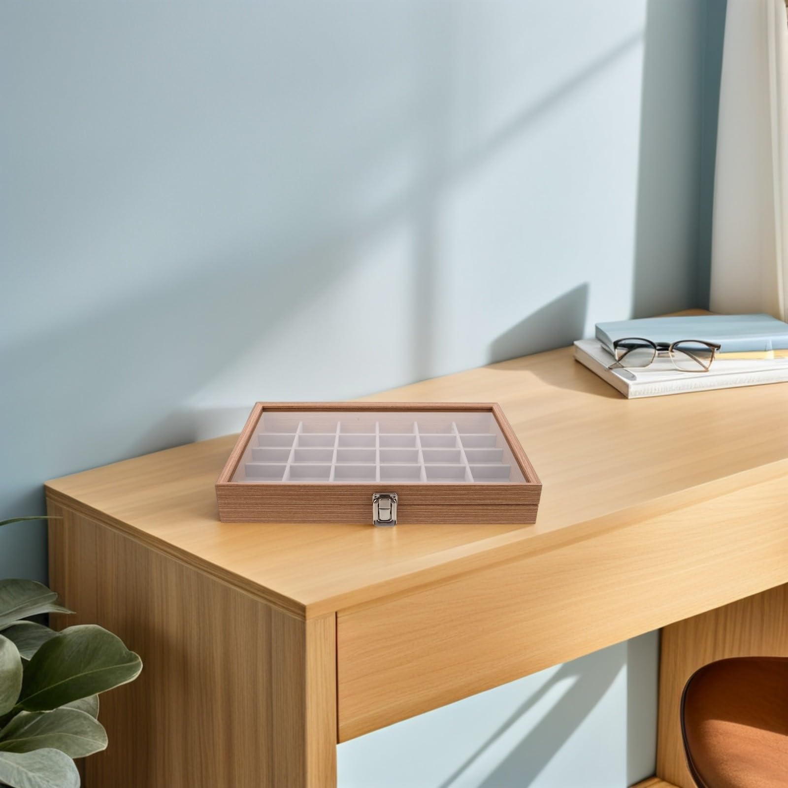 Operitacx Aufbewahrungsbox für Steinsammlungen mit 30 Fächern und Deckel | Beige, 35, 00x24, 00x5, 00cm, Geteilter Kasten für Mineralien, Kristalle und Schmuck