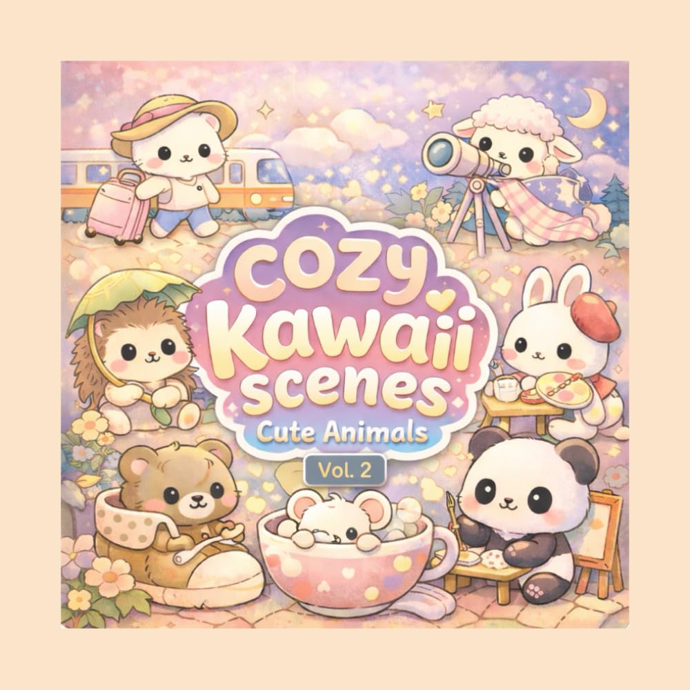 Cozy Kawaii Scenes – Cute Animals: Malbuch für Erwachsene und Teenager 58 süße Tiermotive zum Entspannen