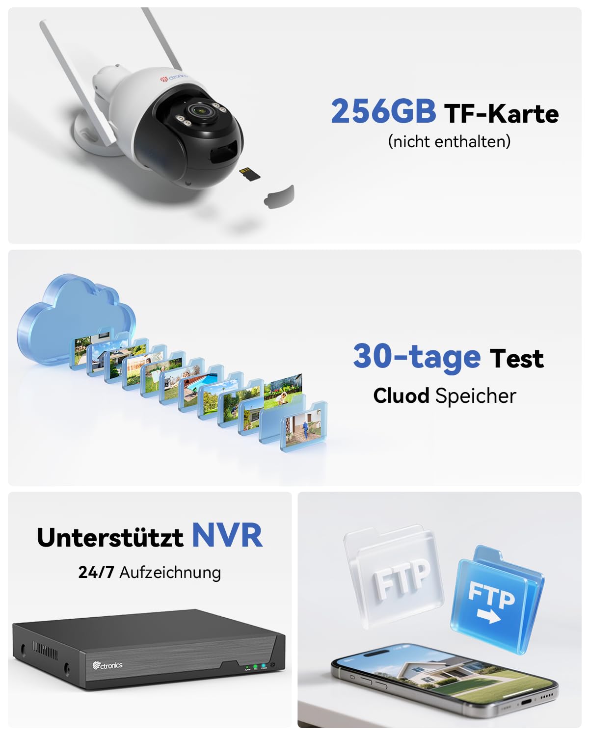 Ctronics 4K 8MP Überwachungskamera Aussen WLAN, PTZ Kamera Outdoor mit Personen/Fahrzeug/Tiererkennung & Auto-Tracking, 2,4/5GHz WLAN, 4K Farbnachtsicht, FTP&NVR, 256GB TF/Cloud/PC, IP66/Metal