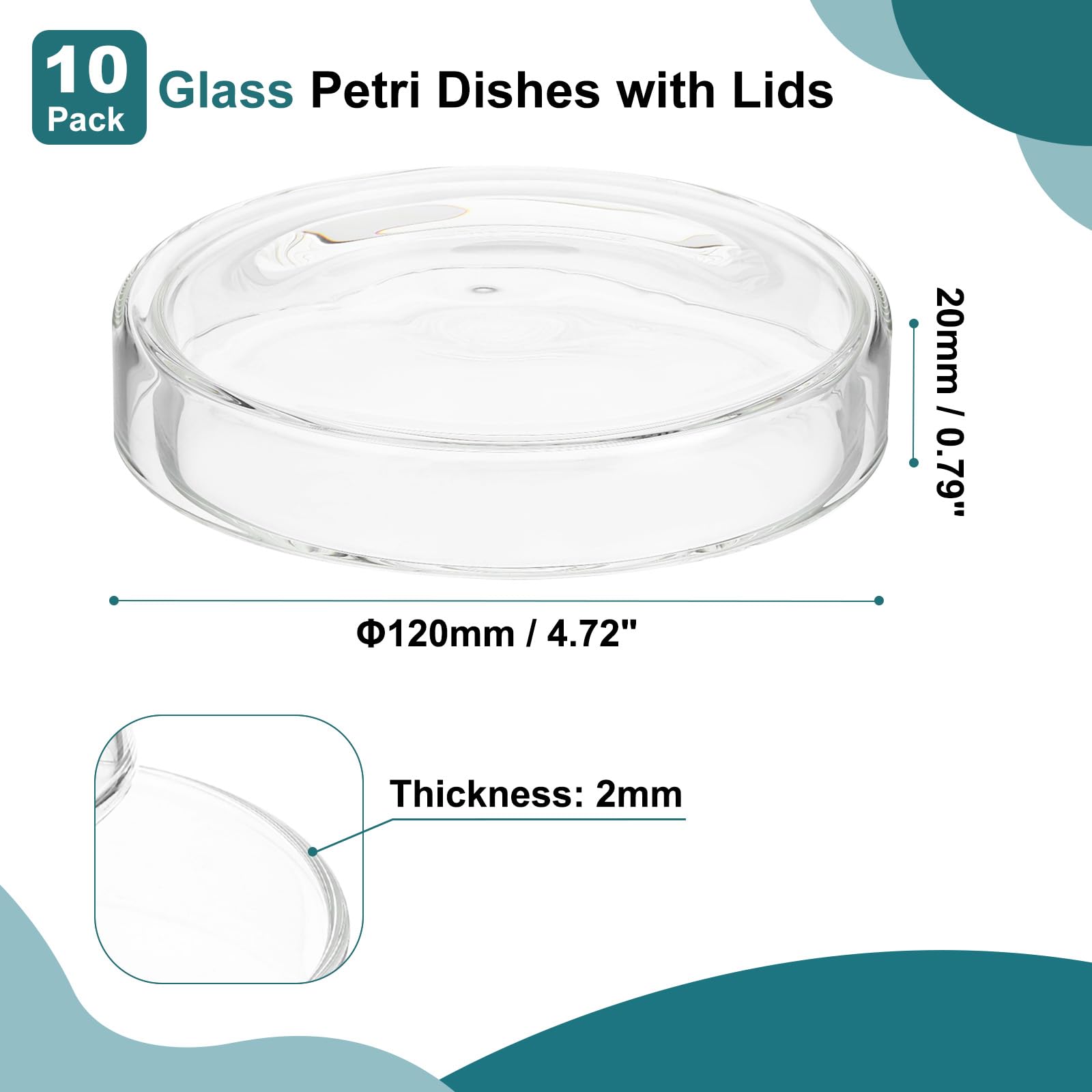 PATIKIL 120mm Alto Borosilicato Vetro Petri Piatti con Bordi, 10pz Petri Piatti Tissue Coltura Piastra per Laboratorio Scienze Experiment, Trasparente