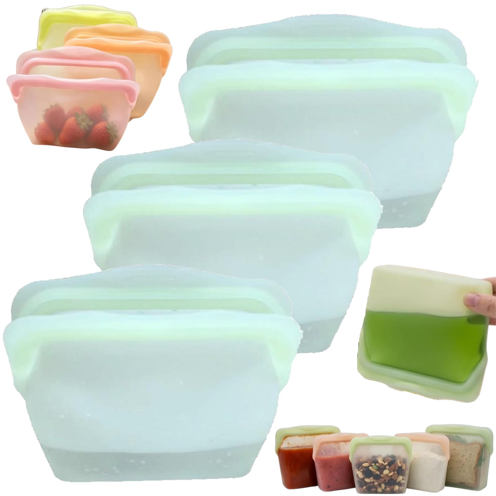 Reusable Silicone Food Storage Bags, Premium Silicone Storage, Leakproof Stand Up Design, Freezer, Microwave and Dishwasher Safe, Odour Resistant, Meal Prep (3Pcs-Green, 1000ML)