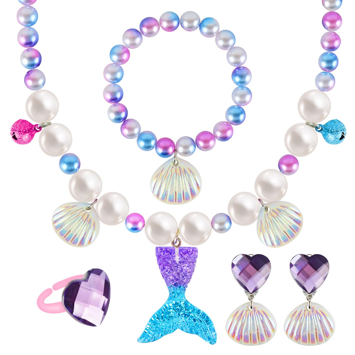WaClaw Mermaid Necklace Bracelet Jewellery for Kids Girls Set, Pearl Beads Necklace/Bracelet, Sling Bag, Hair Bow, Seashell Earrings, Ring Combo Kit for Party Costume Jewelry Supplies Gift