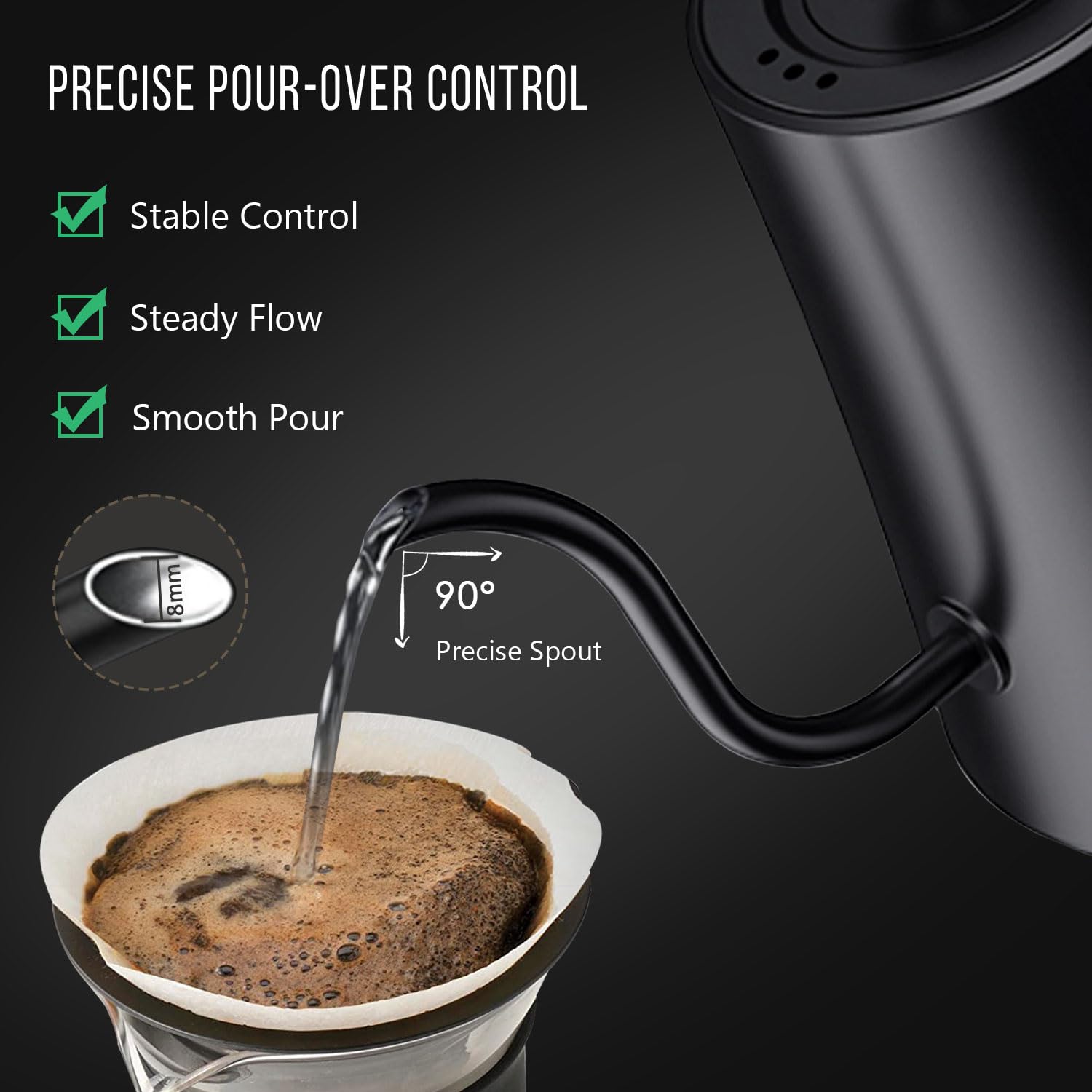 Elektrischer Wasserkocher Schwanenhals, Edelstahl Schwanenhalskessel Wasserkocher mit Temperatureinstellung, Warmhaltefunktion, LED-Anzeige für Spezialitätenkaffee und Tee, Schwarz, 1L, 1200W