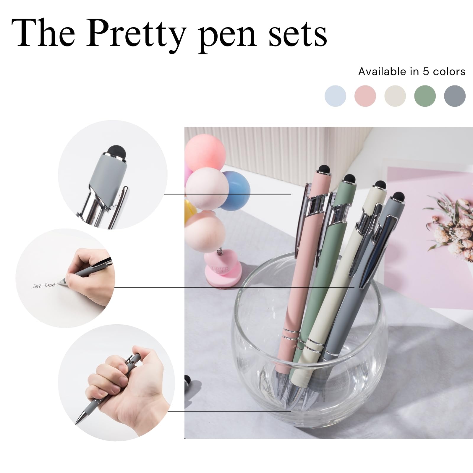 mumrap 10 pcs Ballpoint Pens Retractable Multipack 2 in 1 Pens Set including Stylus tip Black Ink funny pens for work colleagues cute stationary Women Men office gift(Morandi color) - Image 4