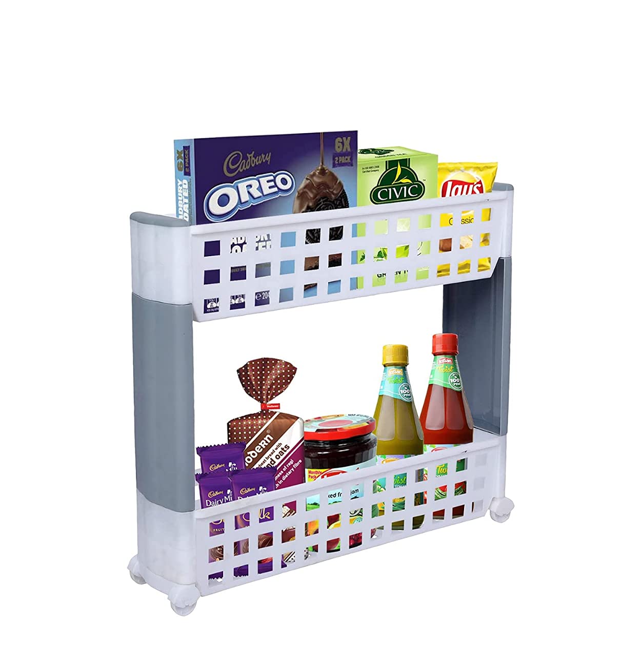 SIMPARTE 2 Layer Slim Classic White & Grey Storage Organizer-Multipurpose & Easy-to-Move Slide Out Shelf Rack Trolley (Plastic) with Wheels for Kitchen | Home | Pantry | Washing & Utility Area (B09F6RWRMD) Amazon Price History, Amazon Price Tracker
