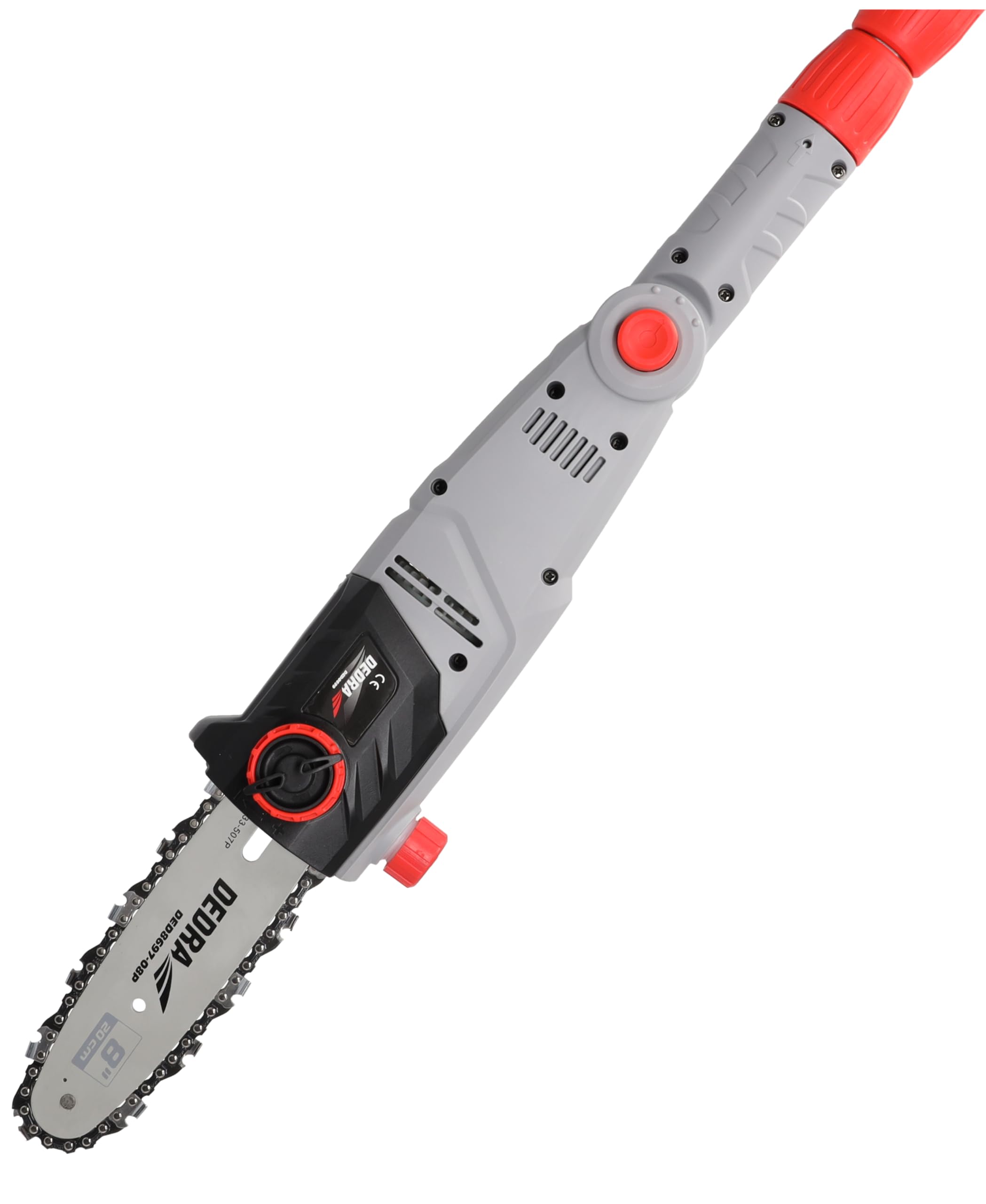 DEDRA Motosierra eléctrica DED8699 2,85 m con brazo telescópico, 750 W, 8", velocidad de cadena eficiente: 11 m/s, sistema sin herramientas para tensar la cadena, ángulo de cabeza ajustable +/-30°
