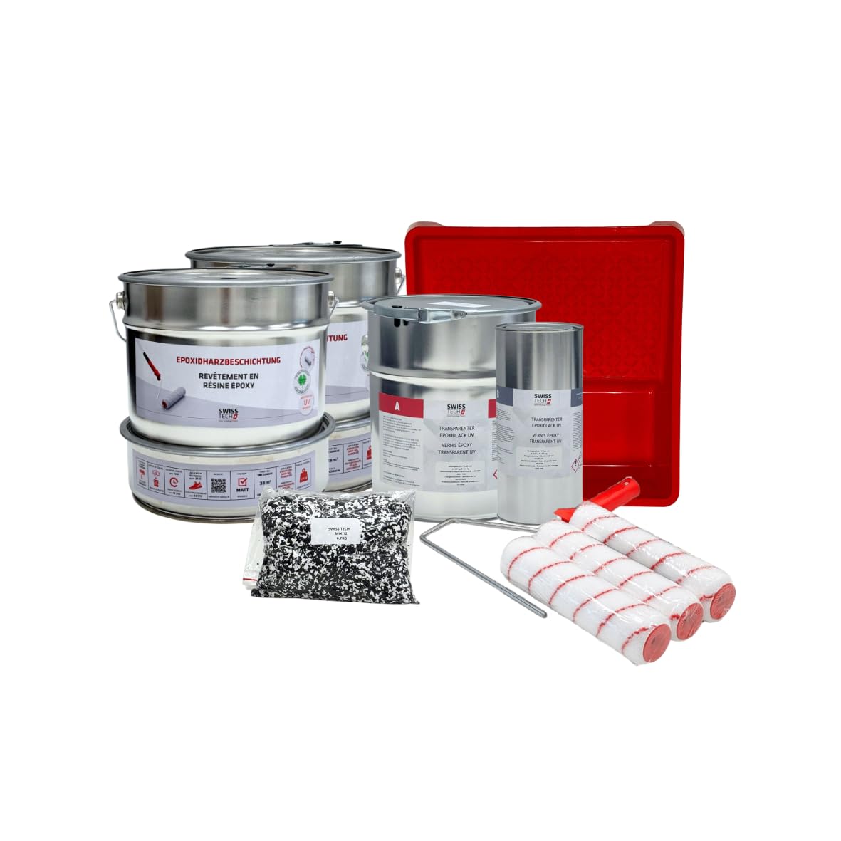 2K Epoxidharz Set für 38 m² mit Top Coat Versiegelung | RAL 7030 – Steingrau, 17,1 KG | Epoxidharzboden für Garage, Keller | Rutschfest, Chemikalienbeständig | SwissTech