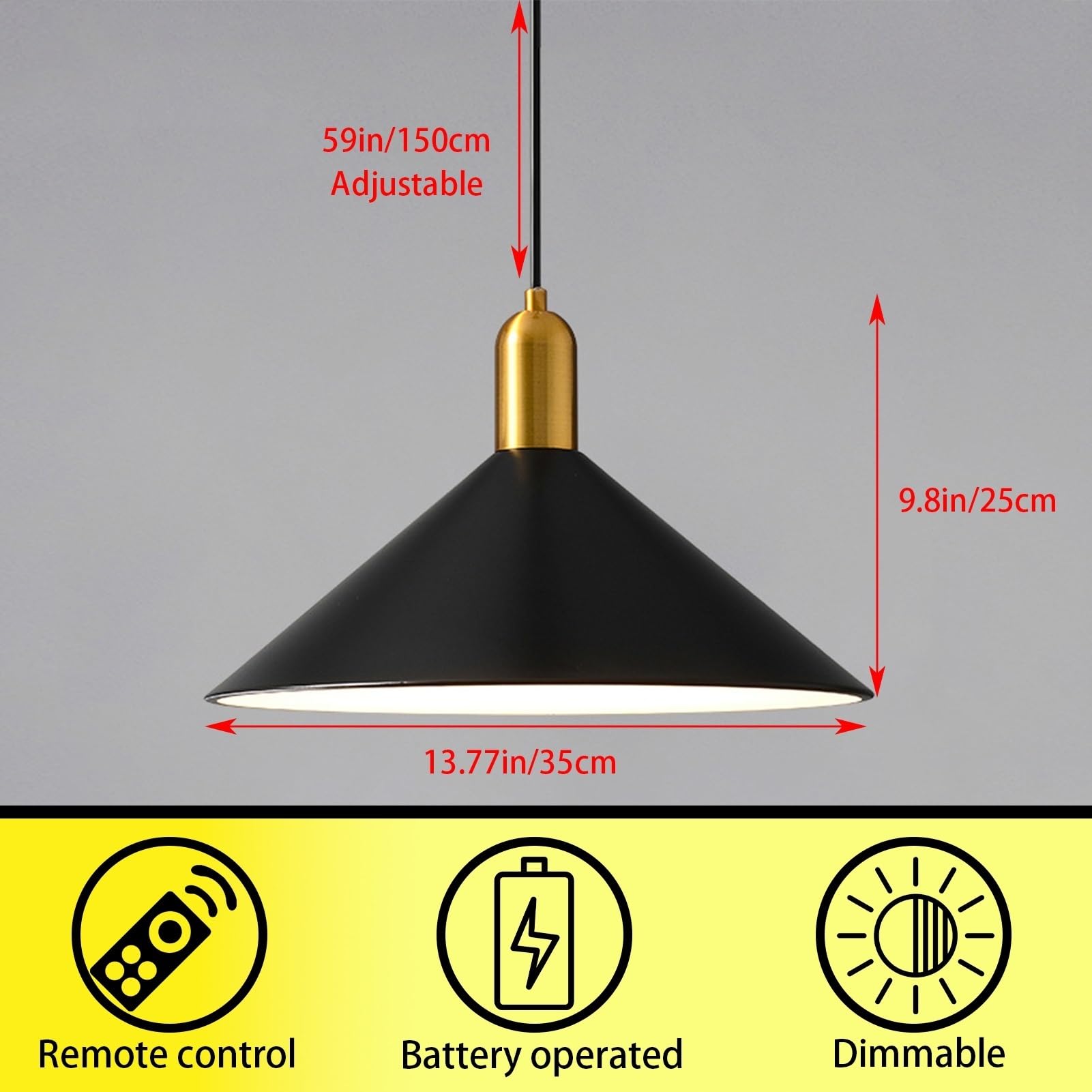 Retro Pendelleuchte mit batterie, Batteriebetrieben Hängelampe Vintage Industrial Style Metall Deckenleuchte,Ohne Stromanschluss Hängelampen mit Fernbedienung Mit Dimmfunktion.(Black)