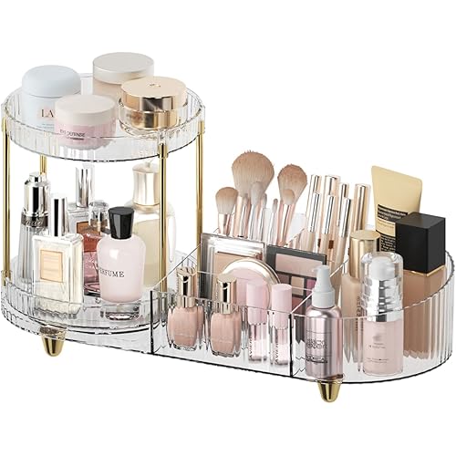 Makeup Organizer Countertop for Vanity, Rotating Perfume Tray with 5-compartment Cosmetic and Skincare Organizers, Multi-Purpose Desk Storage Makeup Brush Holder for Bathroom Bedroom Counter