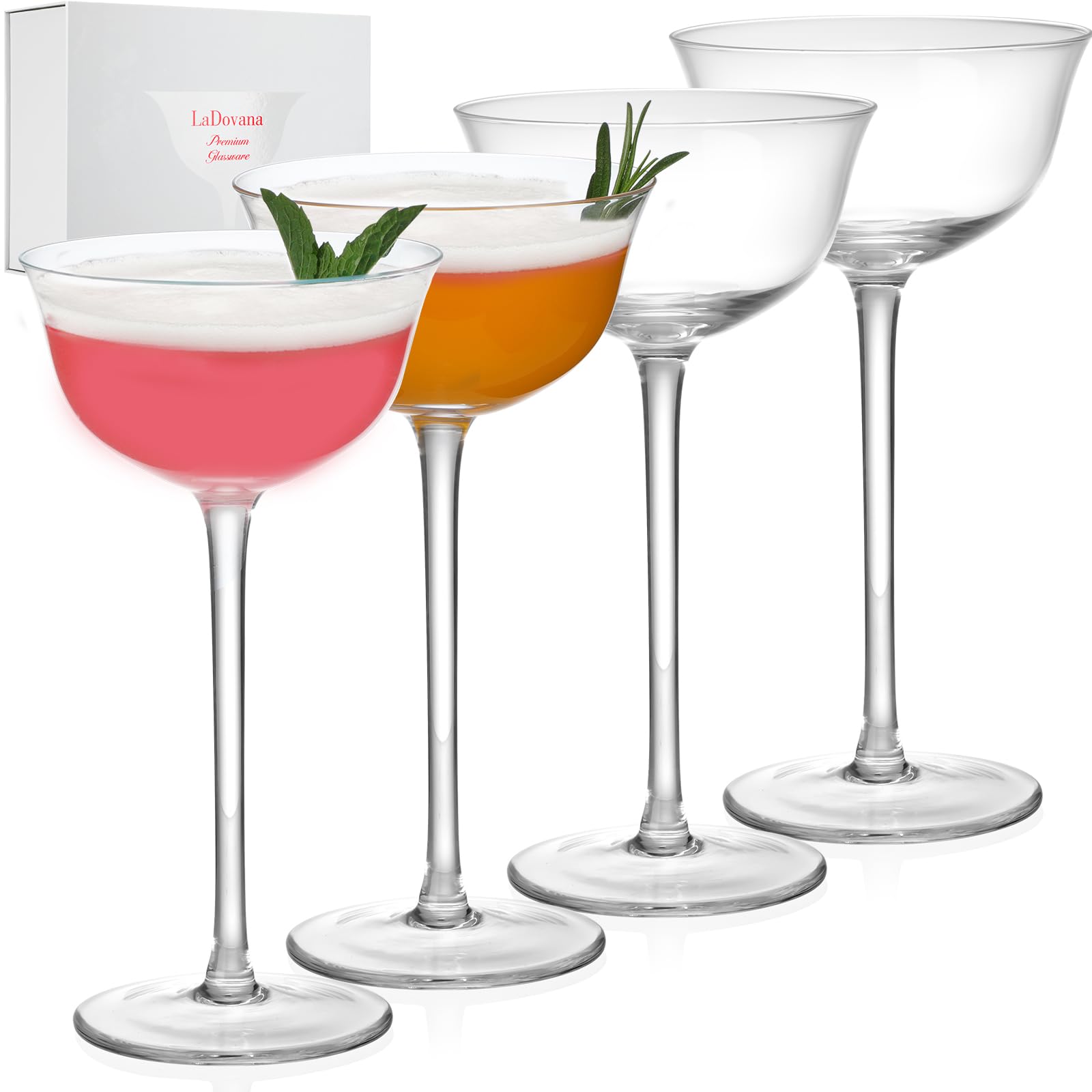 Photo 1 of LaDovana Hand Blown Crystal Nick & Nora Cocktail Glasses | 5.5oz | Set of 4 Elegant Stemware for Martini, Manhattan, Cosmopolitan & Classic Cocktails | Crystal Glass with Gift Box