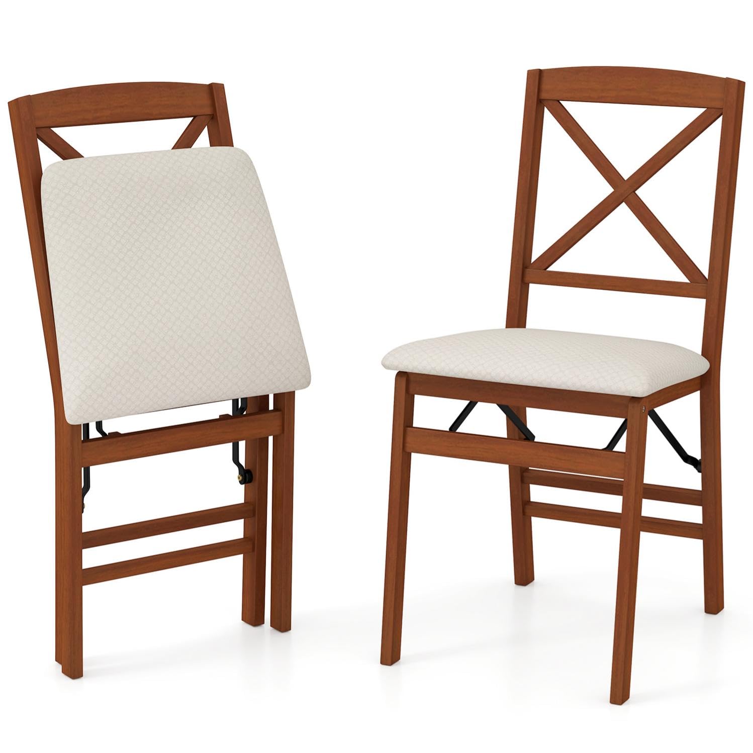 TANGZON Folding Chairs Set of 2/4, Rubber Wood Padded Dining Chairs with PVC Leather/Linen Fabric Exterior, Home Office Upholstered Guest Conference Seats (Cross Backrest, Walnut+Beige, 2, count)