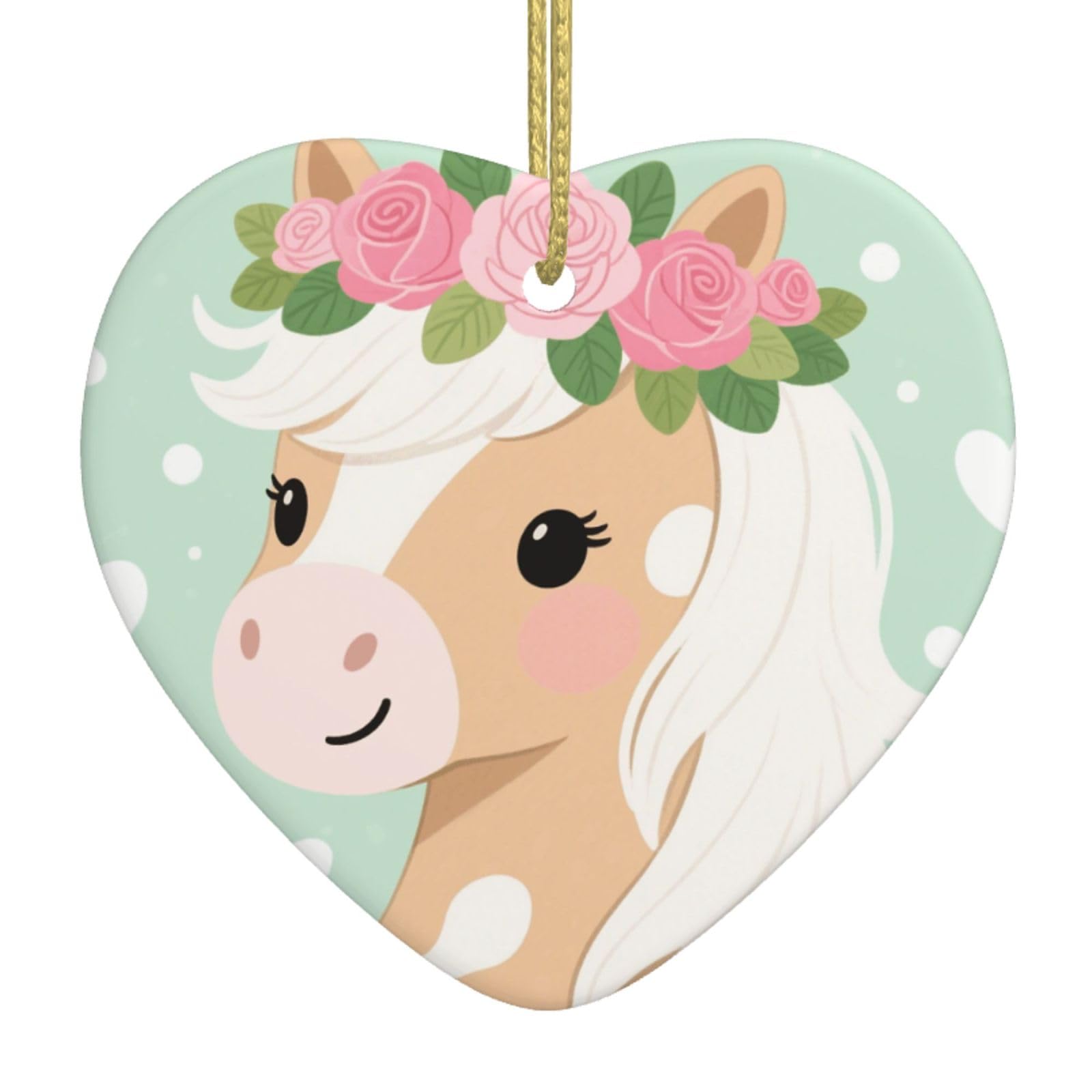 Cute Horse with Flowers Christmas Ornament 2025 Heart Ceramic Hanging Ornaments for Home Decor Christmas Decorations with Gold Rope Double-Sided Xmas Tree Ceramic Hanging for Holiday Party