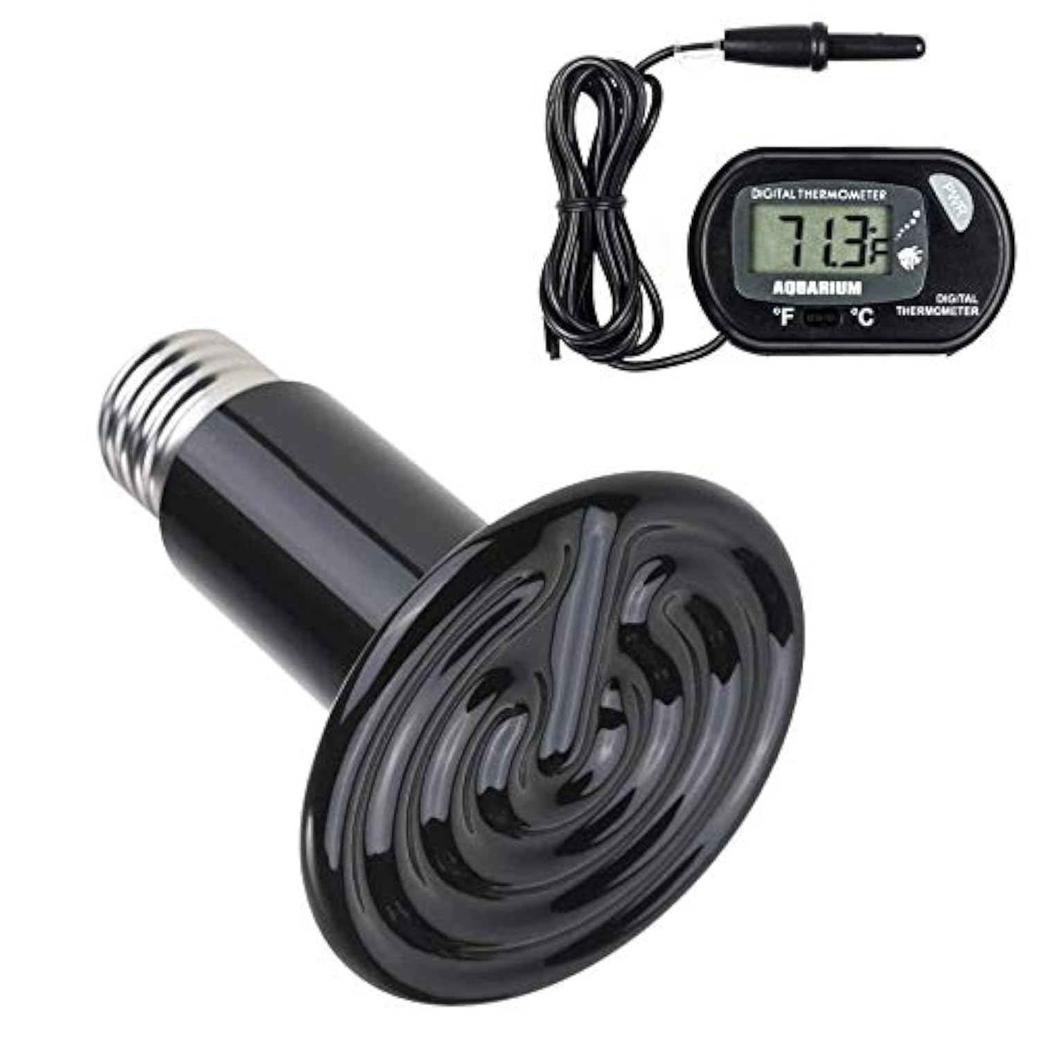 Pofet 200W Reptile Heat Lamp With One Digital Thermometer, Infrared Ceramic Heating Non-Light Lamps Emitter 220-230V (Black)