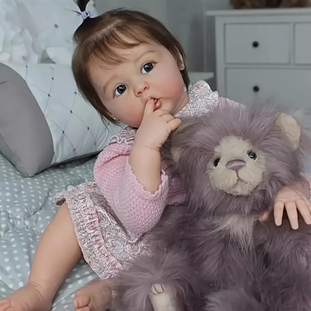 Reborn Baby Mädchen 22 Zoll 55cm, Lebensecht Reborn Baby Vollsilikon Rosa Kleid Mit Spitzenkragen, Weiche Stoffpuppe Mit PlüSchtier, Sammler- Und Spielpuppe Reborn Babypuppe Mit Zubehör