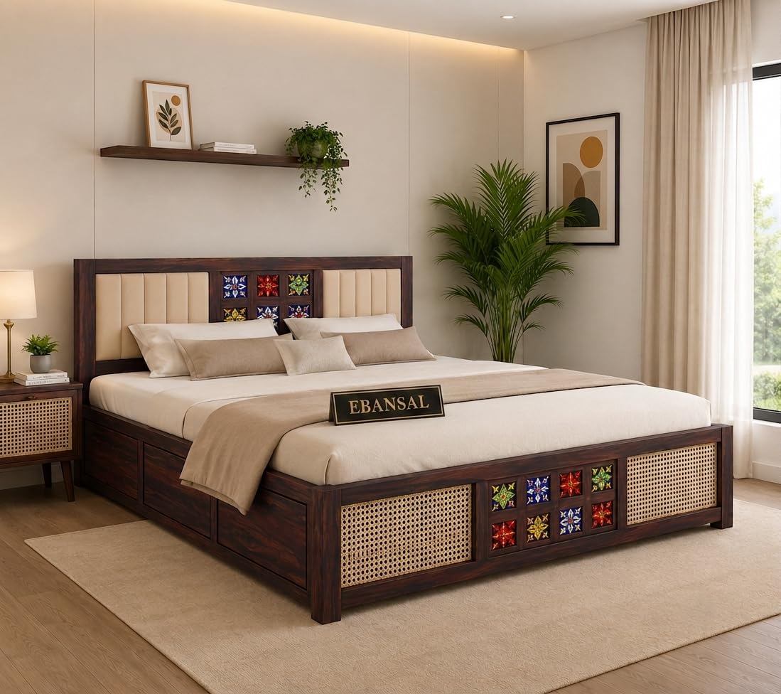 Solid Sheesham Wood Bed with Box Storage for Bedroom | King Size Wooden Double Bed with Upholstered Headboard, Handwoven Cane Panels & Decorative Tile Inlay (Walnut Finish)-image-16