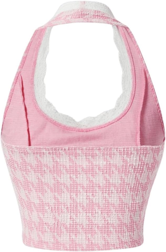 WDIRARA Women's Contrast Lace Trim Halter Crop Top Bow Decor Button Front Slim Fit Cute Tank Tops - Image 2