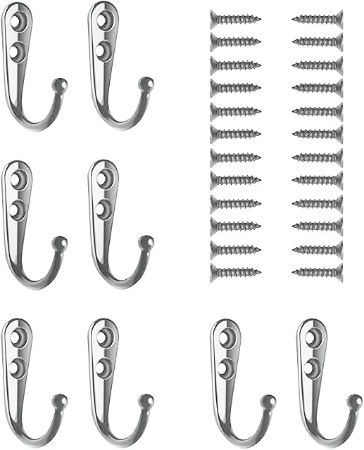 Coat Hooks, 8Pcs Wall Hooks for Hanging Towel Heavy Duty, Metal Coat Hooks Wall Mounted with 24 Screws,Single Robe Hooks Screw in Hanger for Bathroom Bedroom Kitchen Back of Door Hat Rack Key (Silver)