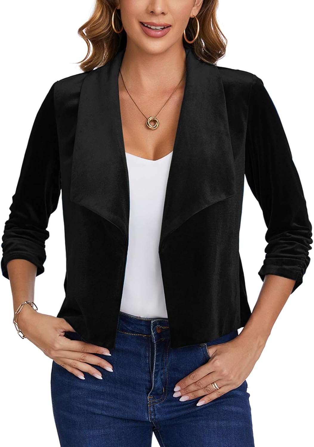 Womens Velvet Blazer Shawl Collar 3/4 Ruched Sleeve Open Front Business Work Casual Jackets