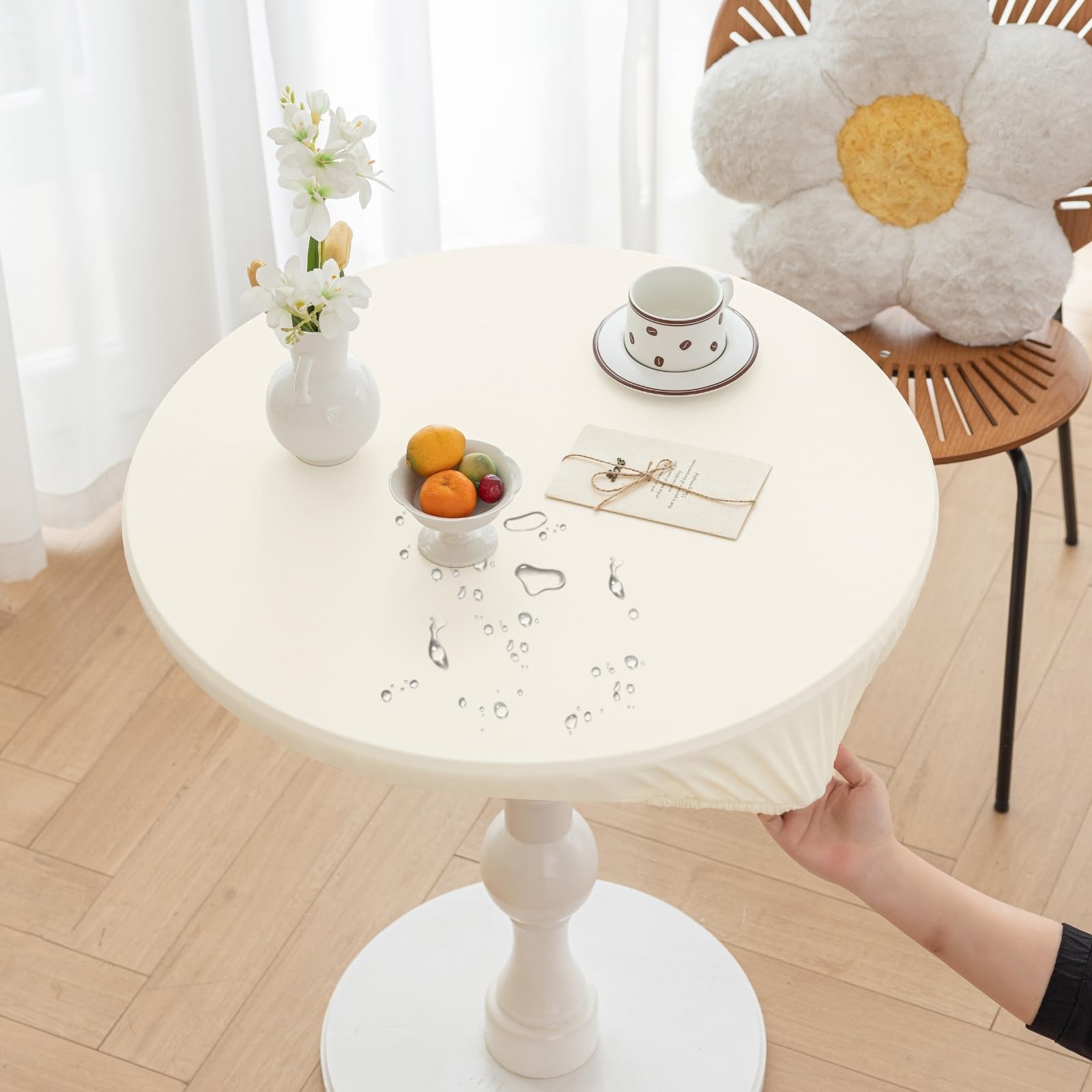 Huierxun Round Fitted PU Tablecloth with High Elastic Edge 59 Inch Dia Waterproof Oil Proof Table Cloth Anti-Scald Stain-Resistant Wipeable Table