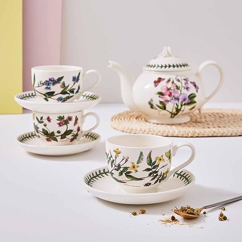 Miniatura 2 de Portmeirion Botanic Garden - Juego de 6 tazas de té y platillo  Juego de 6 con motivos florales surtidos  Tazas de té y platillos de 7 onzas