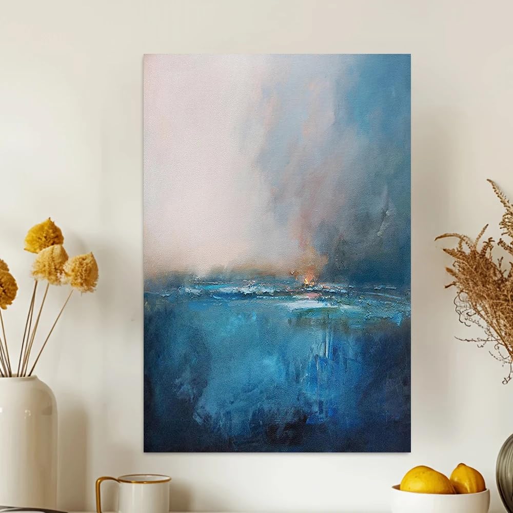 GKUVBF Quadro astratto con paesaggio marino su tela - Elegante blu grigio, moderno arredamento nordico, stampa su tela rustica per pareti (40x60 cm/cornice interna)