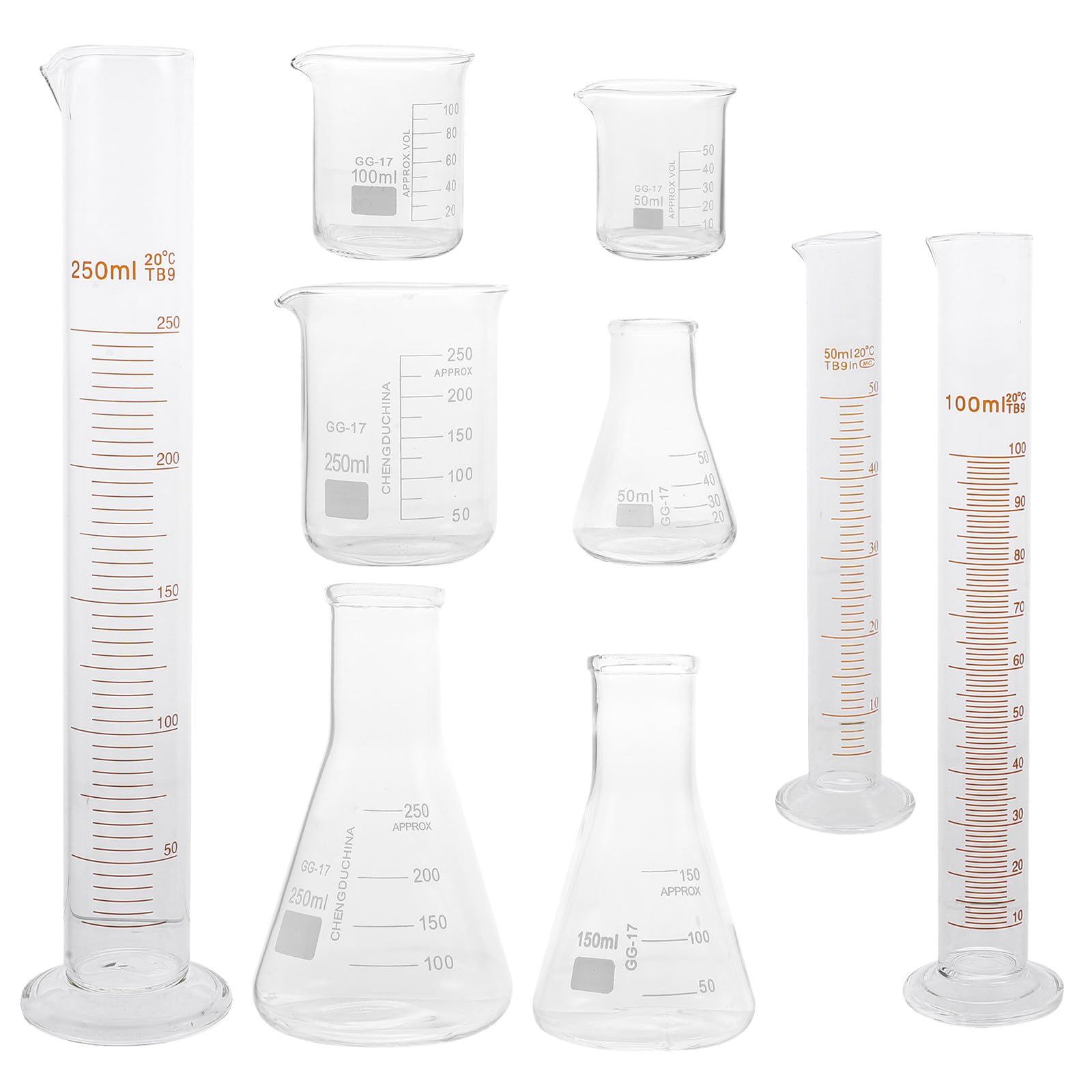 Set 9 Pezzi di Vetro per Laboratorio Resistenza ad Alta Temperatura e Misurazioni Accurate, Contenitori da 50ml a 250ml per Esperimenti Scientifici