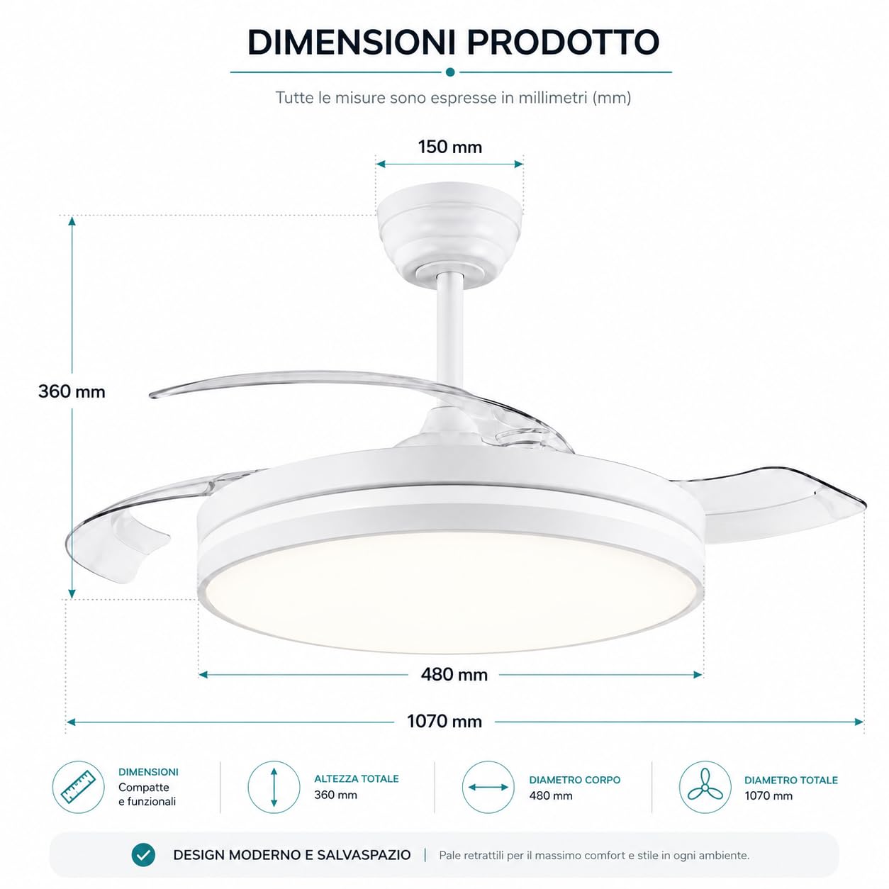 MAKA Ventilatore Ultra Silenzioso da Soffitto con Luce Led 60 watt, 6 Velocità - 3 Pale PVC Reversibili - Motore 30 watt - 220V IP20, Plafoniera Dimmerabile (Luce 60 w - Motore 30 w)