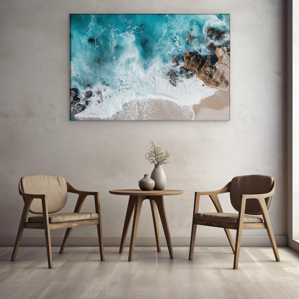 Canvas for Living room. Captivating Seaside Serenity: Where Waves Embrace Rocky Shores, 27 x 18 inch Canvas Wall Art - Tranquility - Modern Home Decor
