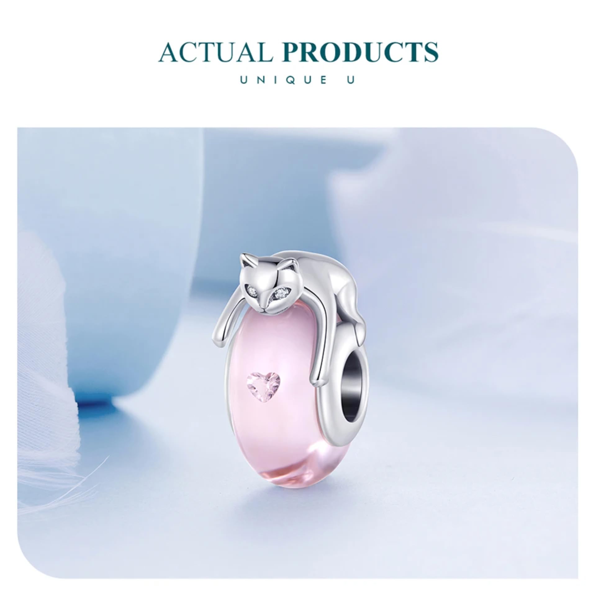 Bracciale Originale In Argento Sterling 925 Con Perline Di Vetro Rosa E Ciondolo A Forma Di Gatto In Argento Con Zirconi Cubici, Per Donna, Gioielleria Raffinata